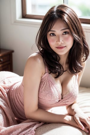 (Best quality, 8k, 32k, Masterpiece, raw photo, Photorealistic, UHD:1.2),(lifelike rendering), Photo of Beautiful Japanese woman, 1girl, 24yo, stunning, (medium dark brown hair), double eyelids, highly detailed glossy eyes, glossy lips, natural round medium-small breasts, soft curves, alluring, pale skin, (detailed skin texture), ornate embroidered lace surface pink dress, pumps, indoor, lying, sharp focus, seductive smile face, sexy eyes, smile, from below, legs focus, detailed eyes, detailed facial, detailed hair, detailed fabric rendering, natural daylight, ray tracing,