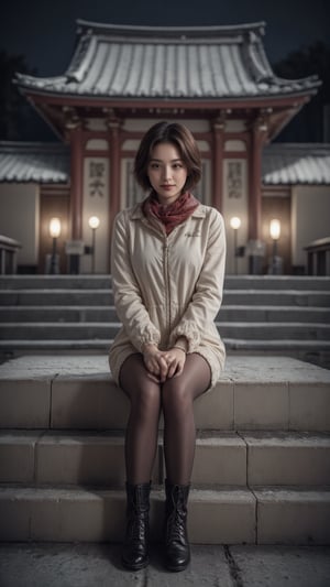 Photorealistic, Photo of young Beautiful Japanese woman, 1girl, stunning, (medium-short brown inward hair), double eyelids, highly detailed glossy eyes, (detailed facial), medium-large breasts, slender legs, pale skin, detailed skin texture, (supermodel like figure), beige snow coat, knits dress, stilettos boots, red scarf, (sitting on stairs), (in front of the shrine), (nice hands on thighs), night, dark theme, nighttime, (huge majestic shrine on background), (snowy shrine, heavy snow on shrine), cold, fashion model posing, full body portrait, sharp focus, (charming smile face), looking at camera, (enchanting smile), from front side, wide angle, highly details, medium-short hair, (beautiful slender legs), detailed fabric rendering, detailed background, (night view), landscape