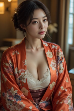 A beautiful young Japanese woman, 22yo, perfect body, beautiful legs, luxurious Japan style kimono, ornate floral embroidered, cinematic, highly details, immersive atmosphere, impeccably detailed, visually stunning, transfixing looks, emotive depth, artistic emotionality, compelling glances, 