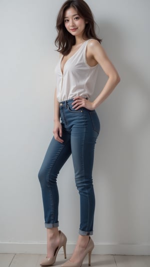 The image features a beautiful young korean woman posing in a stylish and casual outfit against a plain grey background. She is wearing raw color skinny jeans that accentuate her slender legs, paired with sleeveless shirt, completes her outfit with stilettos sandals, which add elegance to her casual look. She gazing at camera, charming smile face, striking a confident and allure's pose, detailed, lights and shadows, contrast, sharp focus 