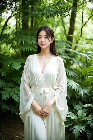 A serene woman stands alone in a misty forest clearing, surrounded by towering trees that frame her gentle features. Soft morning light filters through the foliage, casting dappled shadows on her calm face and the curves of her body. She's dressed in a flowing white robe, subtly illuminated from within as if infused with an inner radiance.