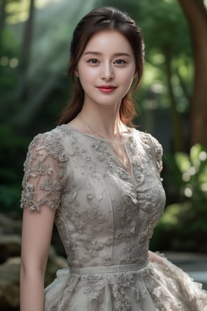 Photo of a Beautiful Korean young woman, 24yo, stunning, (medium-short dark brown hair), double eyelids, detailed facial, daily makeup, lipstick, natural round medium-large breasts, slender legs, curvaceous figure, (pale skin), detailed skin texture, necklace, translucent ornate embroidered short-sleeves grey dress, haute couture, frosted silver stilettos. (Zen Garden), bamboo forest, mosses stone, mosses everywhere, stream, (tyndall effect, light rays), sharp focus, (charming smile face), (smile), look at camera, fashion model like posing for photo, detailed facial, detailed skin texture, detailed hair, detailed fabric rendering, detailed background,kimtaehee