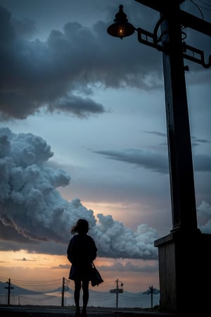 A young student clings tightly to a sturdy lamppost as strong gusts of wind from the intense typhoon threaten to sweep them away. The framing captures the drama of the moment with the student's tiny figure silhouetted against the turbulent sky, where dark clouds churn and lightning flashes. Lighting is stark, with harsh shadows accentuating the desperation in the child's face as they grasp for stability.