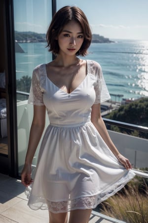 (Best quality, 8k, 32k, Masterpiece, UHD:1.2), Photo of Pretty Japanese woman, 1girl, (medium-short dark brown hair), double eyelid, natural medium-large breasts, (cleavage:0.8), long-legged, soft curves, pale skin, sexy casual dress, ocean view, walking on seaside hill, sunset, sweety smile, from above, sharp focus, windy, ray tracing, detailed real skin texture, detailed fabric rendering 