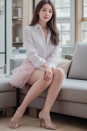 The image features a beautiful young korean woman posing in a stylish and casual outfit against a modern living room background. She is wearing tulle's skirt that accentuate her slender legs, paired with sleeveless shirt, completes her outfit with stiletto sandals, which add elegance to her casual look. She sitting on couch and gazing at camera, charming smile face, striking a confident and allure's pose, realistic, detailed, lights and shadows, contrast, sharp focus 