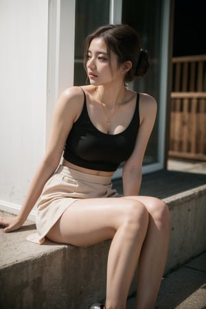 (Best quality, 8k, 32k, Masterpiece, Photoreal, high contrast, UHD:1.2),Photo of Pretty Japanese woman, 1girl, 22yo, (shoulder-length dark brown updo hair), double eyelids, highly detailed clear and symmetrical glossy eyes, glossy lips, natural round large breasts, wide hips, slender legs, soft curves, (pale skin:1.2), clean skin, detailed skin texture, necklace, blouse, loose long skirt, pumps heels, (midnight, night:1.3), dating at seaside, sharp focus, sexy face, (looking away:1.3), legs focus, highly details, soft and bouncy body, beautiful tits, beautiful legs, detailed eyes, detailed facial, detailed hair, detailed fabric rendering,epiC35mm,