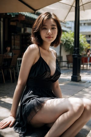 (Best quality, 8k, 32k, Masterpiece, raw photo, Photorealistic, UHD:1.2),lifelike rendering, Photo of Pretty Japanese woman, 1girl, 24yo, stunning, (medium-short dark brown hair), double eyelids, highly detailed glossy eyes, glossy lips, perfect round large breasts, cleavage, wide hips, slender legs, curves figure, (pale skin:1.2), daily outfit, tulle-chiffon dress, high_heels, sharp focus, professional composition, photography, highly details, graceful sitting, sexy face, smile, fashion model posing, legs focus, look at viewer, beautiful legs, detailed facial, detailed real skin texture, detailed fabric rendering, outdoor, natural daylight, ray tracing,