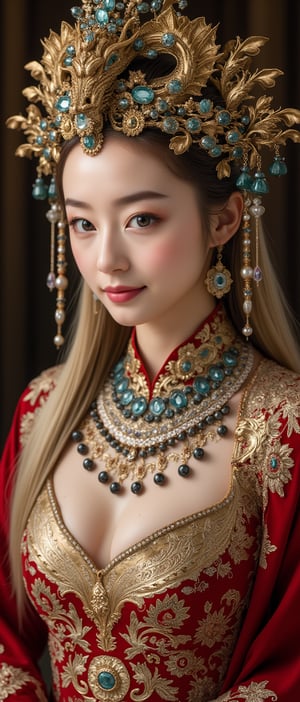 A stunning (Asian woman), wearing an opulent ancient Chinese empress costume,Her Slavic features, blue eyes and fair skin, contrast beautifully with the ornate Chinese attire, Elaborate headdress adorned with gold filigree, jade beads, and hanging pearls, Intricate phoenix crown with delicate golden leaves and gemstones,Layered silk robes in rich red and gold, embroidered with dragons and auspicious symbols, Wide, flowing sleeves with detailed embroidery, Ornate collar piece studded with precious stones,Long blonde hair partially visible beneath the headdress,Beautiful woman,Photorealistic, cinematic 