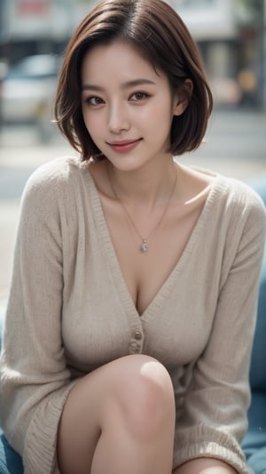 A Beautiful Young Korean woman, short brown hair, double eyelids, natural face, perfect body, beautiful legs, slender figure, daily outfit, wearing glasses, charming smile face, eyes on camera