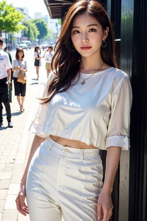 (Best quality, 8k, 32k, Masterpiece, Photorealistic, high contrast, UHD:1.2),lifelike rendering, Photo of Pretty Korean woman, 1girl, 40yo, stunning, (medium-short dark brown hair), double eyelids, highly detailed glossy eyes, glossy lips, detailed facial features, natural large breasts, wide hips, slender legs, curves body, (pale skin:1.2), BREAK elegant style outfit, necklace, short-sleeve blouse, linen loose trousers, pumps heels, riverside, charming face, smile, from below, legs focus, street snaps, photon mapping, ray tracing, detailed hair, detailed fabric rendering,