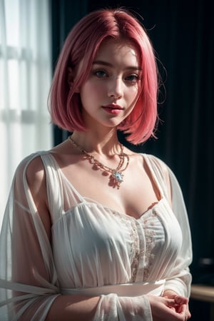 (Best quality, 8k, 32k, Masterpiece, Photorealistic, high contrast, UHD:1.2), 1girl, 20yo, solo, medium pink hair, cinematic makeup, lipstick, perfect figure, translucent pale skin, gorgeous outfit, necklace, white blouse, jewelry, amazing composition, charming face, smile, eyes at camera, highly details, cinematic, cinematic lighting, realistic fabric rendering,