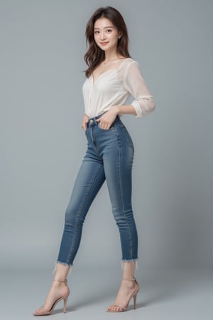 The image features a beautiful young korean woman posing in a stylish and casual outfit against a plain grey background. She is wearing raw color skinny jeans that accentuate her slender legs, paired with sleeveless shirt, completes her outfit with stilettos sandals, which add elegance to her casual look. She gazing at camera, charming smile face, striking a confident and allure's pose, detailed, lights and shadows, contrast, sharp focus 