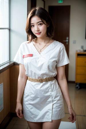 A stunning 22-year-old nurse poses in a dimly lit modern Japanese hospital room. The soft glow highlights her heart-shaped face with double eyelids, sparkling eyes, and a captivating allure smile. Her crisp white uniform accentuates her slender curves, toned legs, and smooth pale skin. She stands confidently in front of a sterile background, her medium-short brown hair framing her features, delicate necklace adding elegance.