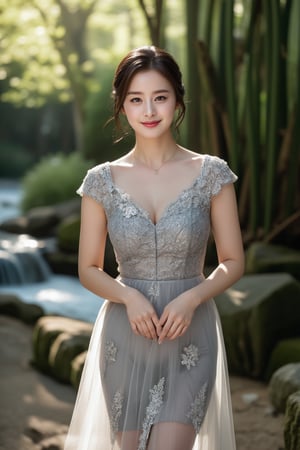 Photo of a Beautiful Korean young woman, 24yo, stunning, (medium-short dark brown hair), double eyelids, detailed facial, daily makeup, lipstick, natural round medium-large breasts, slender legs, curvaceous figure, (pale skin), detailed skin texture, necklace, translucent ornate embroidered short-sleeves grey dress, haute couture, frosted silver stilettos. (Zen Garden), bamboo forest, mosses stone, mosses everywhere, stream, (tyndall effect, light rays), sharp focus, (charming smile face), (smile), look at camera, fashion model like posing for photo, detailed facial, detailed skin texture, detailed hair, detailed fabric rendering, detailed background,kimtaehee