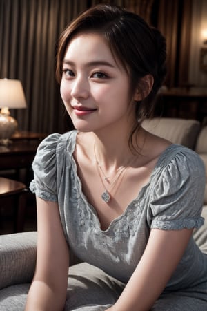 (Best quality, 8k, 32k, Masterpiece, Photorealistic, UHD:1.2),(lifelike rendering), Photo of a Beautiful Korean woman, 1girl, 24yo, (medium brown updo hair), oval face, double eyelids, highly detailed glossy eyes, glossy full lips, detailed facial, natural round large breasts, slender legs, slender curves body, detailed skin texture, necklace, (translucent grey) short-sleeves flowey dress, soft lighting living room, charming smile face, smile, detailed facial, detailed hair, detailed fabric rendering, (low key, dark theme:1.2),k0rean