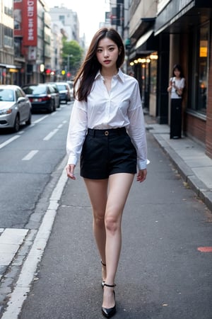 A stunning 20-year-old Japanese woman stands confidently on the city sidewalk. Her flawless face radiates a soft glow under the gentle sunlight casting a warm ambiance. She wears a trendy street-style outfit featuring a fitted shirt and short pants that accentuate her toned physique. The focal point is her striking footwear - pumps that add an extra layer of sophistication to her overall style, as she walks with poise and confidence in the vibrant urban setting.