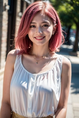 (Best quality, 8k, 32k, Masterpiece, Photoreal, high contrast, UHD:1.2), 1girl, solo, medium pink hair, perfect body, pale skin, necklace, jewelry, blouse, smile, highly details 