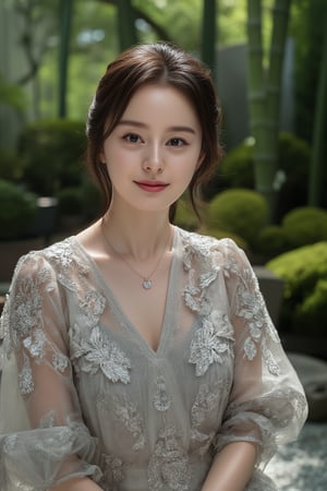 Photo of a Beautiful Korean young woman, 24yo, stunning, (medium-short dark brown hair), double eyelids, detailed facial, daily makeup, lipstick, natural round medium-large breasts, slender legs, curvaceous figure, (pale skin), detailed skin texture, necklace, translucent ornate embroidered short-sleeves grey dress, haute couture, frosted silver stilettos. (Zen Garden), bamboo forest, mosses stone, mosses everywhere, stream, (tyndall effect, light rays), sharp focus, (charming smile face), (smile), look at camera, fashion model like posing for photo, detailed facial, detailed skin texture, detailed hair, detailed fabric rendering, detailed background,kimtaehee