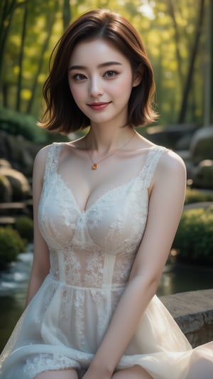 Photorealistic, lifelike image, Photo of a Beautiful Korean woman, 24yo, stunning, (medium-short dark brown hair), double eyelids, highly detailed glossy eyes, glossy full lips, detailed facial, daily makeup, lipstick, natural round medium-large breasts, slender legs, curvaceous figure, (pale skin), skin pores, detailed skin texture, necklace, translucent ornate embroidered short-sleeves white dress, haute couture, frosted silver stilettos. (Zen Garden), bamboo forest, mosses stone, mosses, stream, (tyndall effect, light rays), sharp focus, charming smile face, (smile), look at camera, fashion model like posing for photo, detailed facial, detailed skin texture, detailed hair, detailed fabric rendering, detailed background