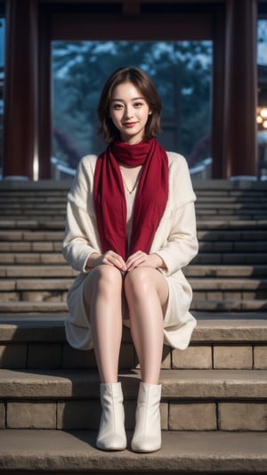 Photorealistic, Photo of young Beautiful Japanese woman, 1girl, stunning, (medium-short brown inward hair), double eyelids, highly detailed glossy eyes, round chin, (detailed facial), medium-large breasts, slender legs, (supermodel like figure), white coat, knits dress, white heeled boots, red scarf, (sitting on stairs), (in front of the shrine), (nice hands on thighs), night, dark theme, nighttime, (huge majestic shrine on background), (snowy shrine, heavy snow on shrine), cold, fashion model posing, full body portrait, sharp focus, (charming smile face), looking at camera, (enchanting smile), from front side, wide angle, medium-short hair, (beautiful long-legged), detailed fabric rendering, detailed background, (night view), landscape