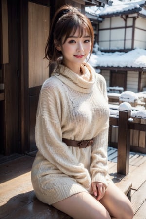 (Best quality, 8k, 32k, Masterpiece, UHD:1.2),Photo of Pretty Japanese woman, stunning, 1girl, (medium dark brown ponytail), double eyelid, natural large breasts, slender legs, tall body, soft curves, white coat, knit dress shirt, checkered skirt, red scarf, snow heeled boot, sitting on stairs on shrine, snowy shrine, heavy snow on shrine, fashion model posing, unforgettable beauty, look at viewer, sexy smile, closed to up, lifelike rendering, detailed facial features, detailed real skin texture, detailed details ,bykm