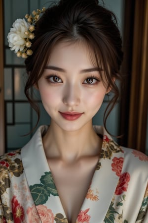 A beautiful young Japanese woman, 22yo, luxurious Japan style kimono, ornate floral embroidered, cinematic, highly details, immersive atmosphere, impeccably detailed, visually stunning, real-to-life upper body portrait, transfixing looks, emotive depth, artistic emotionality, compelling glances, 