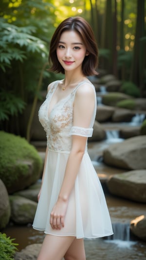 Prompt: Photorealistic, lifelike image, Photo of a Beautiful Korean woman, 24yo, stunning, (medium-short dark brown hair), double eyelids, highly detailed glossy eyes, glossy full lips, detailed facial, daily makeup, lipstick, natural round medium-large breasts, slender legs, curvaceous figure, (pale skin), skin pores, detailed skin texture, necklace, translucent ornate embroidered short-sleeves white dress, haute couture, frosted silver stilettos. (Zen Garden), bamboo forest, mosses stone, mosses, stream, (tyndall effect, light rays), sharp focus, charming smile face, (smile), look at camera, fashion model like posing for photo, detailed facial, detailed skin texture, detailed hair, detailed fabric rendering, detailed background,