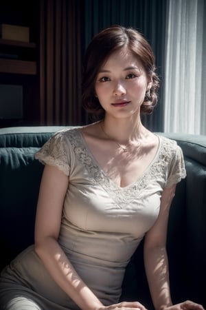 (Best quality, 8k, 32k, Masterpiece, Photorealistic, UHD:1.2),(lifelike rendering), Photo of a Beautiful Japanese woman, 1girl, 24yo, (medium brown updo hair), oval face, double eyelids, highly detailed glossy eyes, glossy lips, detailed facial, natural round large breasts, narrow waist, nice hands, slender curves body, pale skin, detailed skin texture, necklace, translucent grey short-sleeves flowey lace dress, soft lighting living room, charming smile face, smile, look at camera, detailed facial, detailed hair, detailed fabric rendering, (low key, dark theme:1.2),jq