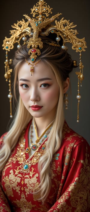 A majestic Asian woman, donning an opulent ancient Chinese empress costume, poses regally against a subtle, gradient-lit backdrop. Her Slavic features, piercing blue eyes, and fair skin harmonize beautifully with the ornate attire. The elaborate headdress sparkles with gold filigree, jade beads, and hanging pearls, framing her face like a work of art. The intricate phoenix crown adorns her forehead, delicate golden leaves and gemstones glinting in the soft light. Layered silk robes in rich red and gold billow around her, embroidered with dragons and auspicious symbols that seem to dance across the fabric. Wide, flowing sleeves with detailed embroidery flow like a river down her arms, while an ornate collar piece studded with precious stones adds a touch of drama. Partially visible beneath the headdress, long blonde hair cascades down her back like a golden waterfall. The overall effect is breathtaking, as if plucked straight from a cinematic fantasy world.