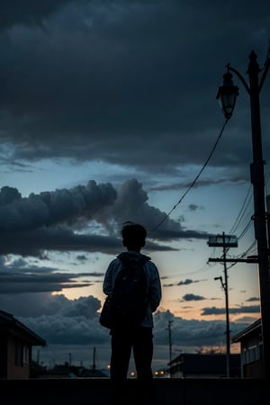 A young student clings tightly to a sturdy lamppost as strong gusts of wind from the intense typhoon threaten to sweep them away. The framing captures the drama of the moment with the student's tiny figure silhouetted against the turbulent sky, where dark clouds churn and lightning flashes. Lighting is stark, with harsh shadows accentuating the desperation in the child's face as they grasp for stability.