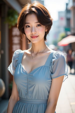 Full-body portrait. A stunning Beautiful Japanese woman, 24 years old, poses outdoors amidst a vibrant street scene. Her short brown hair is styled effortlessly, framing her expressive eyes and detailed facial features. A charming smile plays on her lips as she wears a short-sleeve dress with necklace. Detailed pale skin glows under the bright sunlight. She stands confidently, surrounded by urban textures and architectural details, with a modern daily outfit that complements her slender, busty physique.