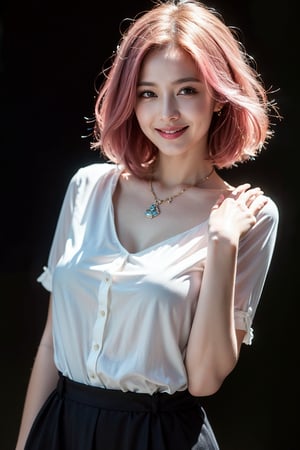 (Best quality, 8k, 32k, Masterpiece, Photoreal, high contrast, UHD:1.2), 1girl, solo, medium pink hair, perfect body, pale skin, necklace, jewelry, blouse, smile, highly details 