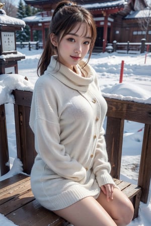 (Best quality, 8k, 32k, Masterpiece, UHD:1.2),Photo of Pretty Japanese woman, stunning, 1girl, (medium dark brown ponytail), double eyelid, natural large breasts, slender legs, tall body, soft curves, white coat, knit dress shirt, checkered skirt, red scarf, snow heeled boot, sitting on stairs on shrine, snowy shrine, heavy snow on shrine, fashion model posing, unforgettable beauty, look at viewer, sexy smile, closed to up, lifelike rendering, detailed facial features, detailed real skin texture, detailed details ,bykm