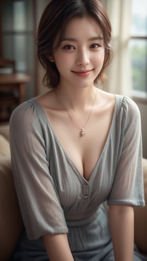 A Beautiful young Korean woman, stunning, short brown hair, oval face shape, (double eyelids), highly detailed glossy eyes, detailed facial, perfect body, beautiful legs, OL outfit, fashion model posing, alluring, charming smile face to camera, photorealistic, highly details 