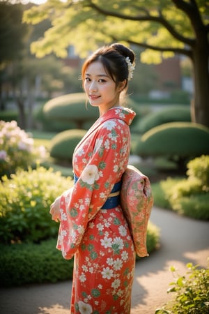 A serene Japanese woman stands elegantly in a tranquil garden, her vibrant kimono fluttering softly in the gentle breeze. Cinematic lighting casts a warm glow, illuminating the intricate patterns and delicate folds of her traditional garment. The composition focuses on her statuesque figure, posed amidst lush greenery and blooming flowers. Her calm expression and refined features exude serenity, as if frozen in time.