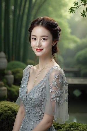 Photo of a Beautiful Korean young woman, 24yo, stunning, (medium-short dark brown hair), double eyelids, detailed facial, daily makeup, lipstick, natural round medium-large breasts, slender legs, curvaceous figure, (pale skin), detailed skin texture, necklace, translucent ornate embroidered short-sleeves grey dress, haute couture, frosted silver stilettos. (Zen Garden), bamboo forest, mosses stone, mosses everywhere, stream, (tyndall effect, light rays), sharp focus, (charming smile face), (smile), look at camera, fashion model like posing for photo, detailed facial, detailed skin texture, detailed hair, detailed fabric rendering, detailed background,kimtaehee