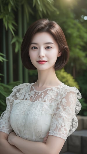 Photorealistic, lifelike image, Photo of a Beautiful Korean woman, 24yo, stunning, (medium-short dark brown hair), double eyelids, highly detailed glossy dark brown eyes, glossy full lips, detailed facial, daily makeup, lipstick, natural round medium-large breasts, slender legs, curvaceous figure, (pale skin), skin pores, detailed skin texture, necklace, translucent ornate embroidered short-sleeves white dress, haute couture, frosted silver stilettos. (Zen Garden), bamboo forest, mosses stone, mosses, stream, (tyndall effect, light rays), sharp focus, charming smile face, (smile), look at camera, fashion model like posing for photo, detailed facial, detailed skin texture, detailed hair, detailed fabric rendering, detailed background