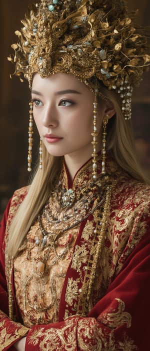 A stunning (Asian woman), wearing an opulent ancient Chinese empress costume,Her Slavic features, blue eyes and fair skin, contrast beautifully with the ornate Chinese attire, Elaborate headdress adorned with gold filigree, jade beads, and hanging pearls, Intricate phoenix crown with delicate golden leaves and gemstones,Layered silk robes in rich red and gold, embroidered with dragons and auspicious symbols, Wide, flowing sleeves with detailed embroidery, Ornate collar piece studded with precious stones,Long blonde hair partially visible beneath the headdress,Beautiful woman,Photorealistic, cinematic 