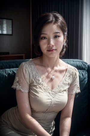 (Best quality, 8k, 32k, Masterpiece, Photorealistic, UHD:1.2),(lifelike rendering), Photo of a Beautiful Japanese woman, 1girl, 24yo, (medium brown updo hair), oval face, double eyelids, highly detailed glossy eyes, glossy lips, detailed facial, natural round large breasts, narrow waist, nice hands, smooth belly, slender curves body, pale skin, detailed skin texture, necklace, translucent grey short-sleeves flowey lace dress, soft lighting living room, charming smile face, smile, look at camera, detailed facial, detailed hair, detailed fabric rendering, (low key, dark theme:1.2),jq