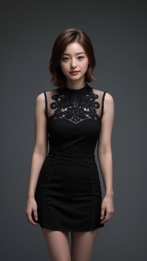 a woman stands in a black sleeveless dress, ornate embroidered, adorned with a high neckline. Her hair is styled in a sleek bob, adding a touch of movement to her face. The dress is fitted to her body, accenting a sleek black color. The backdrop is a stark grey, creating a stark contrast to the woman's dress.