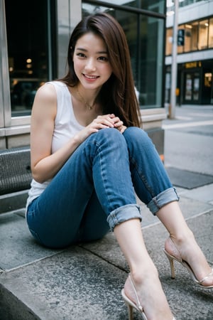 Stable Diffusion Prompt:

In serene twilight, a 24-year-old Japanese woman sits majestically on a city bench, dark brown hair flowing like a river of night amidst neon-illuminated hues. Soft professional lighting highlights double eyelids, sparkling eyes with intricate pupils, and charming smile curving full lips showcasing exquisite features. Long loose pants accentuate curves, slender legs, and calves posed elegantly in feet, juxtaposed against the urban backdrop of towering skyscrapers and bustling streets.