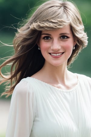 A close-up portrait of Princess Diana, smiling warmly, with a subtle hint of vulnerability in her eyes. Soft, golden lighting illuminates her porcelain complexion, accentuating her delicate features. Her raven hair cascades down her back like a waterfall of night, framing her gentle face. A soft, white dress drapes elegantly around her slender figure, as if she's floating on air.