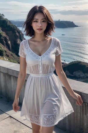 (Best quality, 8k, 32k, Masterpiece, UHD:1.2), Photo of Pretty Japanese woman, 1girl, (medium-short dark brown hair), double eyelid, natural medium-large breasts, sexy casual dress, ocean view, walking on seaside hill, sunset, sweety smile, from above, windy, detailed eyes, detailed facial, detailed real skin texture, detailed fabric rendering 