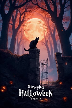 A bewitching Halloween 2024 poster: A hauntingly beautiful illustration of a mystical forest at dusk. Tall trees with gnarled branches stretch towards the moon, their leaves rustling in an eerie whisper. In the foreground, a majestic black cat perches atop a crumbling tombstone, its eyes glowing like lanterns in the darkness. The composition is balanced by a spider's web-covered gate, creaking ominously in the wind. Vibrant orange and purple hues dance across the sky, as if the moon itself is casting an otherworldly glow.