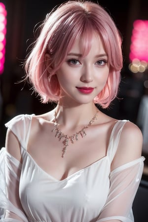 (Best quality, 8k, 32k, Masterpiece, Photorealistic, high contrast, UHD:1.2), 1girl, solo, medium pink hair, perfect makeup, lipstick, perfect figure, translucent pale skin, necklace, slightly translucent white blouse, jewelry, charming face, cute smile, eyes at camera, amazing composition, highly details, cinematic, realistic fabric rendering,