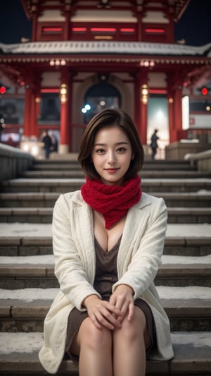 Photo of young Beautiful Japanese woman, 1girl, stunning, (medium-short brown inward hair), double eyelids, highly detailed glossy eyes, round chin, (detailed facial), medium-large breasts, slender legs, (supermodel like figure), white coat, knits dress, white heeled boots, red scarf, (sitting on stairs), (in front of the shrine), (nice hands on thighs), night, dark theme, nighttime, (huge majestic shrine on background), (snowy shrine, heavy snow on shrine), cold, fashion model posing, full body portrait, sharp focus, (charming smile face), looking at camera, (enchanting smile), from front side, wide angle, medium-short hair, (beautiful long-legged), detailed fabric rendering, detailed background, (night view), landscape