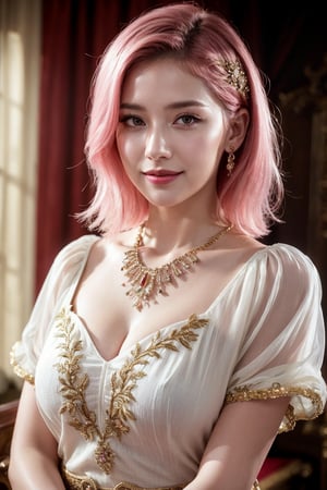 (Best quality, 8k, 32k, Masterpiece, Photorealistic, high contrast, UHD:1.2), 1girl, solo, medium pink hair, professional makeup, lipstick, perfect busty figure, translucent pale skin, necklace, jewelry, ornate embroidered, blouse, charming face, smile, eyes at camera, highly details, cinematic, cinematic lighting, amazing composition, realistic fabric rendering,