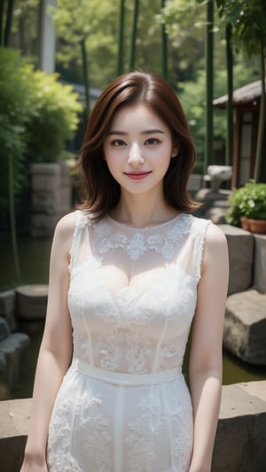 Photorealistic, lifelike image, Photo of a Beautiful Korean woman, 24yo, stunning, (medium-short dark brown hair), double eyelids, highly detailed glossy eyes, glossy full lips, detailed facial, daily makeup, lipstick, natural round medium-large breasts, slender legs, curvaceous figure, (pale skin), skin pores, detailed skin texture, necklace, translucent ornate embroidered short-sleeves white dress, haute couture, frosted silver stilettos. (Zen Garden), bamboo forest, mosses stone, mosses, stream, (tyndall effect, light rays), sharp focus, charming smile face, (smile), look at camera, fashion model like posing for photo, detailed facial, detailed skin texture, detailed hair, detailed fabric rendering, detailed background