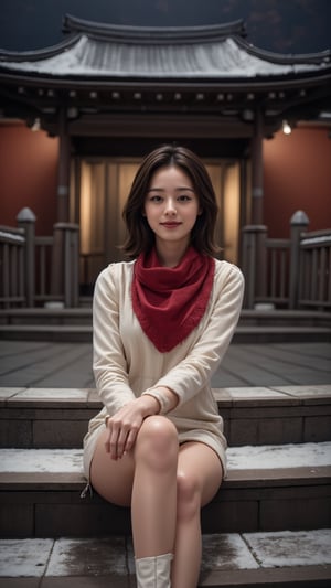 Photorealistic, Photo of young Beautiful Japanese woman, 1girl, stunning, (medium-short brown inward hair), double eyelids, highly detailed glossy eyes, (detailed facial), medium-large breasts, slender legs, pale skin, detailed skin texture, (supermodel like figure), beige coat, knits dress, white heeled boots, red scarf, (sitting on stairs), (in front of the shrine), (nice hands on thighs), night, dark theme, nighttime, (huge majestic shrine on background), (snowy shrine, heavy snow on shrine), cold, fashion model posing, full body portrait, sharp focus, (charming smile face), looking at camera, (enchanting smile), from front side, wide angle, highly details, medium-short hair, (beautiful long-legged), detailed fabric rendering, detailed background, (night view), landscape