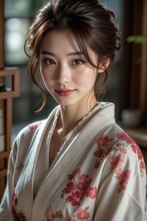 A beautiful young Japanese woman, 22yo, luxurious Japan style kimono, ornate floral embroidered, cinematic, highly details, immersive atmosphere, impeccably detailed, visually stunning, real-to-life upper body portrait, transfixing looks, emotive depth, artistic emotionality, compelling glances, 